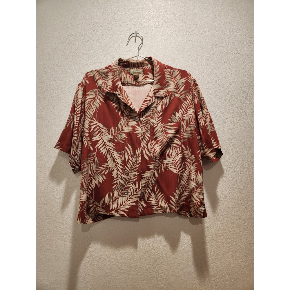 Tommy Bahama 100% Silk Hawaiian Shirt Red Beige Leaf Print‎ Camp Shirt Size L